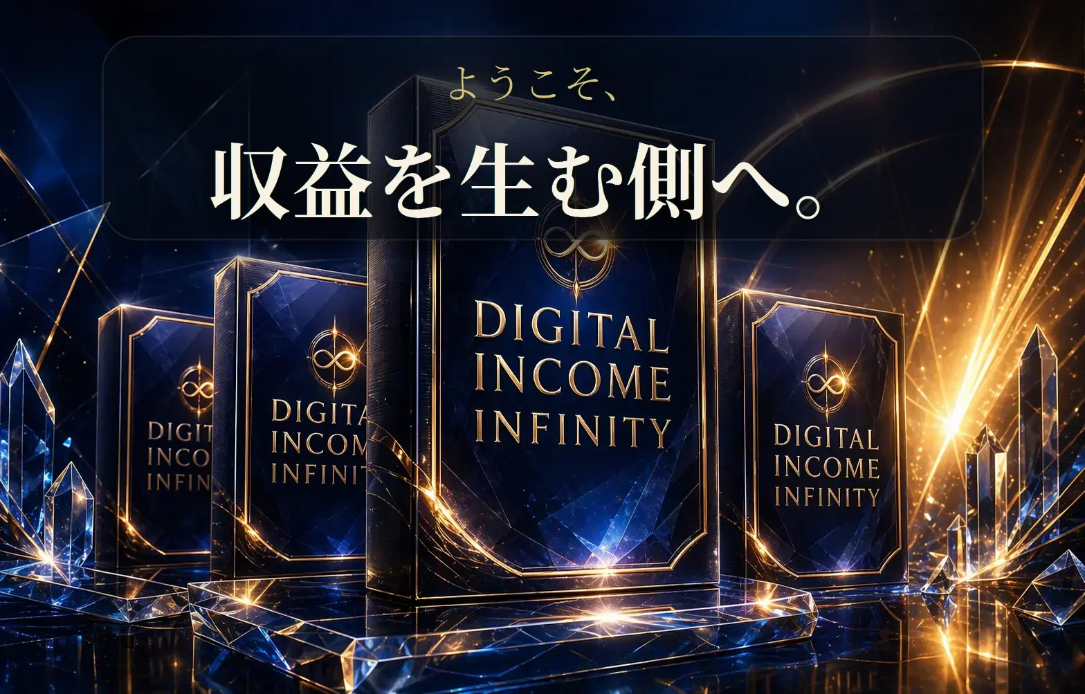 ようこそ、収益を生む側へ。というコピーと DIGITAL INCOME INFINITY の豪華なパッケージ群を描いた商品ビジュアル
