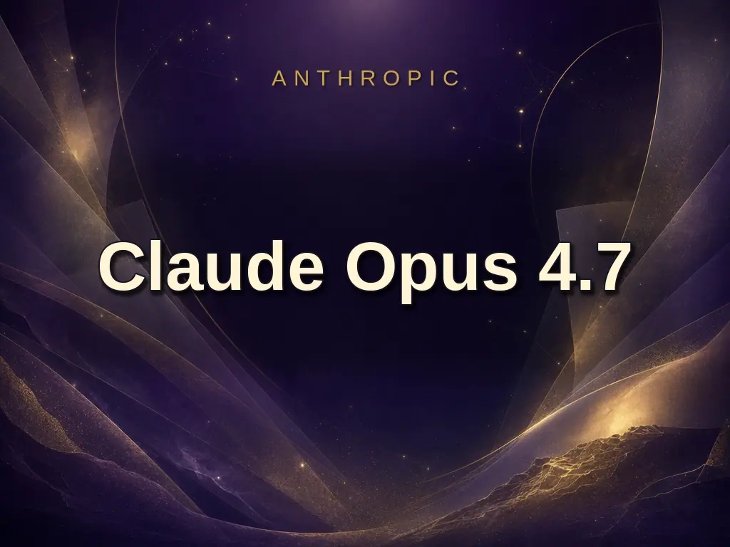 ANTHROPIC ロゴと Claude Opus 4.7 のモデル名が大きく焼き込まれた、深いパープルとゴールドの抽象アート