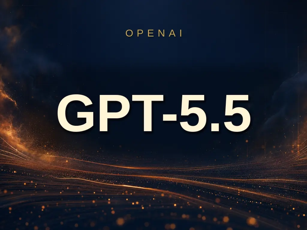 OPENAI ロゴと GPT-5.5 のモデル名が大きく焼き込まれた、深いネイビーと暖色オレンジの抽象アート