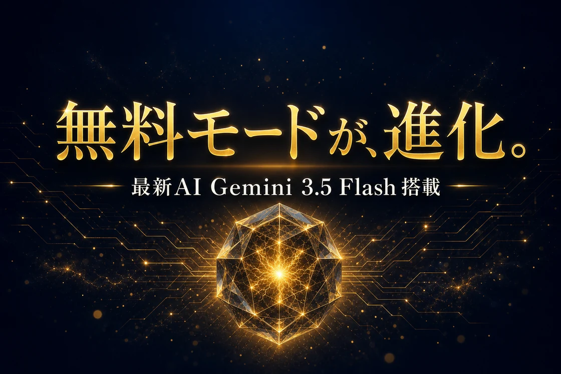 「無料モードが、進化。 最新AI Gemini 3.5 Flash 搭載」金色のAIコアが輝くアップデート告知バナー