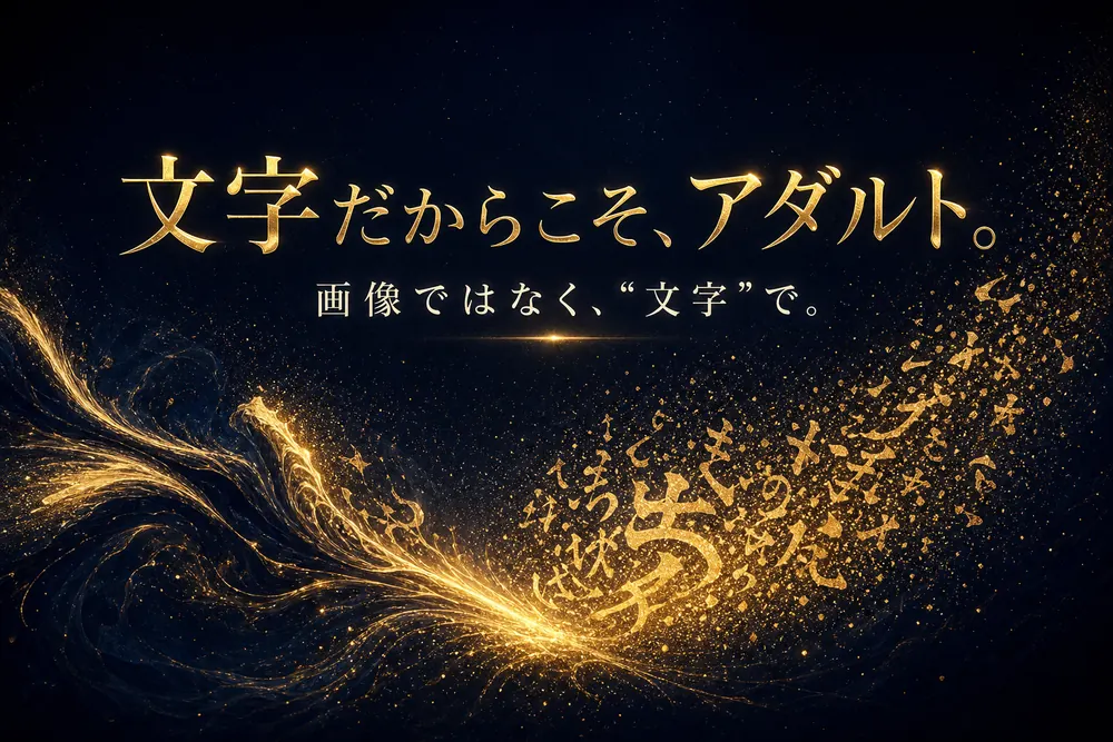 「文字だからこそ、アダルト。画像ではなく、文字で。」と記された、ダークネイビーに金色の文字が舞うアダルトモードのバナー