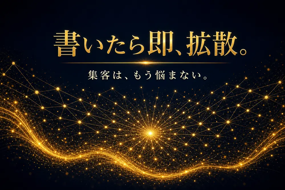 「書いたら即、拡散。集客は、もう悩まない。」と記された、ダークネイビーに金色の光が放射状に広がる拡散モードのバナー